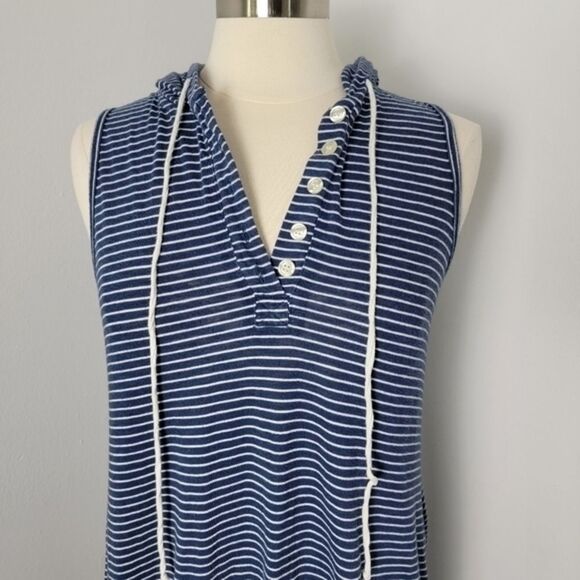 Allen Allen USA Navy Blue & White Striped Sleeveless Hooded Summer Dress Medium - Picture 2 of 9